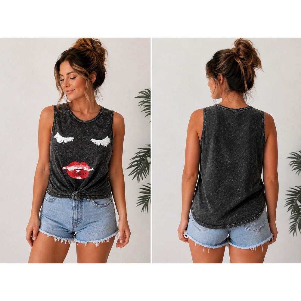 Fantastic Fawn Women's Small Acid Wash Face Graphic Tie Front Tank Top USA